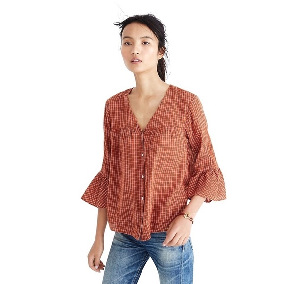 Madewell Veranda Bell-Sleeve Shirt in Windowpane - Picture 1 of 9